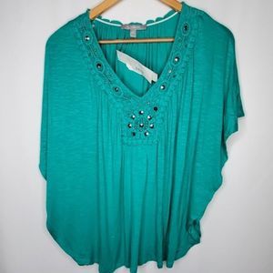 NY Collection Crochet Lace Beaded Poncho Blouse Green M
